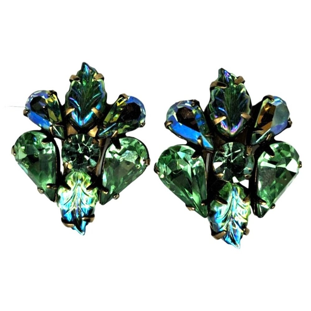 Regency Green Rhinestone Earrings Molded Glass Leaves UG UV Glow Vintage Costume